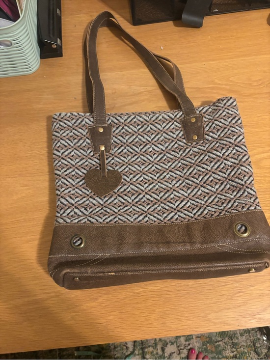 Handbags - Brown Geometric Pattern Tote with Heart Charm